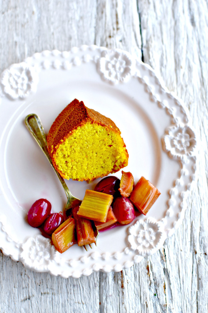 Vanilla and Turmeric Polenta Cake with Roasted Rhubarb and Grapes by food to glow